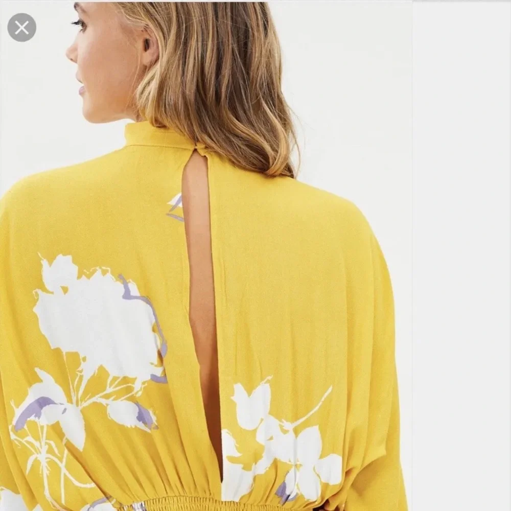 Free People Say You Love Me Yellow Floral Side Tie Blouse Sz M - Picture 12 of 12